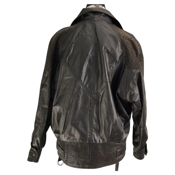 🇨🇦 90s Genuine Leather Black Leopard Bomber Jacket Size Medium Large - Picture 6 of 10